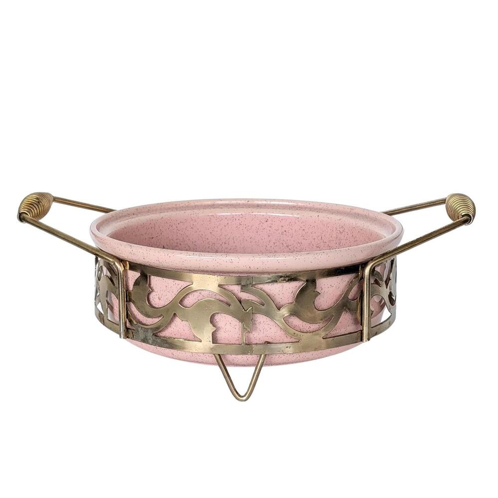 Vintage Bauer Monterey Pink Speckled Casserole Dish with Gold Metal Holder